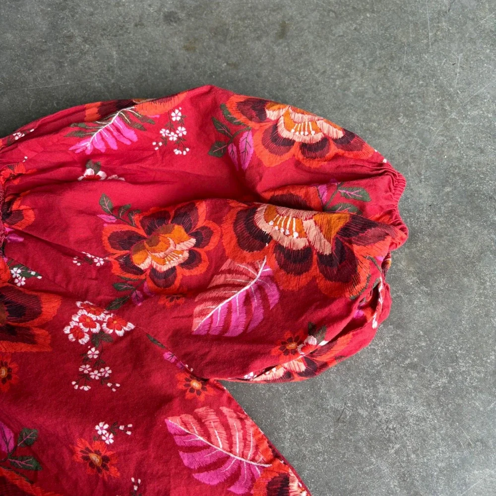 Farm Rio Giustina Button Up Lace Blouse Womens Large Red Floral Puff Sleeve Boho